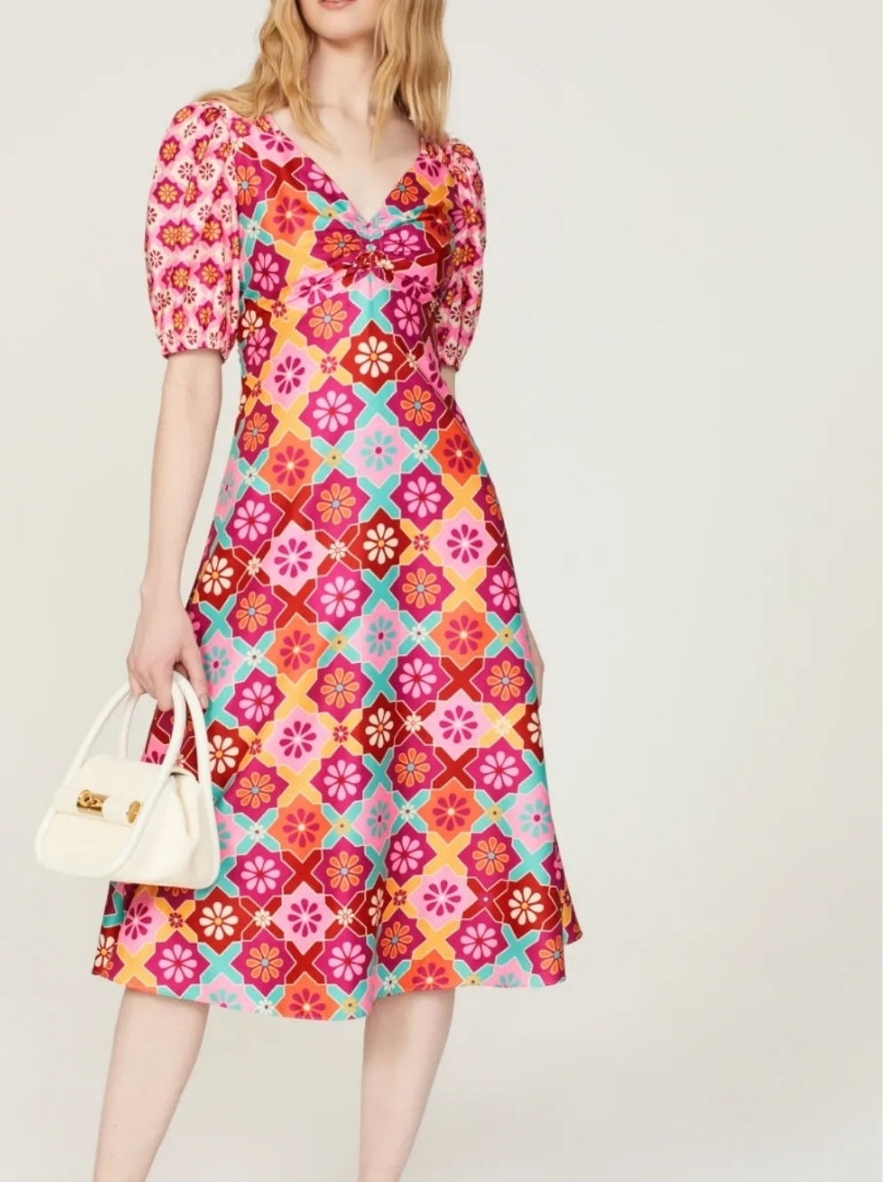 Donna Morgan Multicolor Floral Geo Midi Dress in Pink, Orange, Teal & Purple - Picture 14 of 14